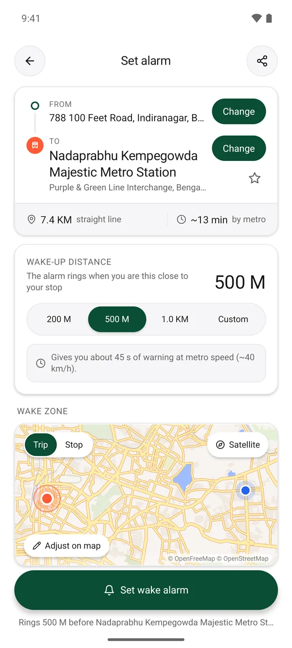 Set alarm screen with route, wake-up distance and map preview